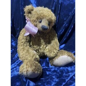 Vintage Fully Jointed Schulte Mohair Teddy Bear 12in Original Label and Pink Bow